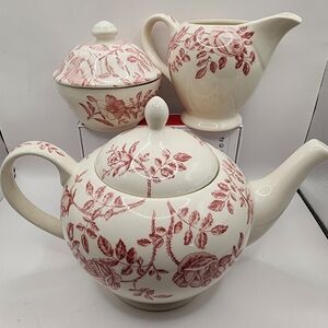 🌺NICE! Churchill Pink Peony Teapot Creamer Sugar Set w Lids Made In England